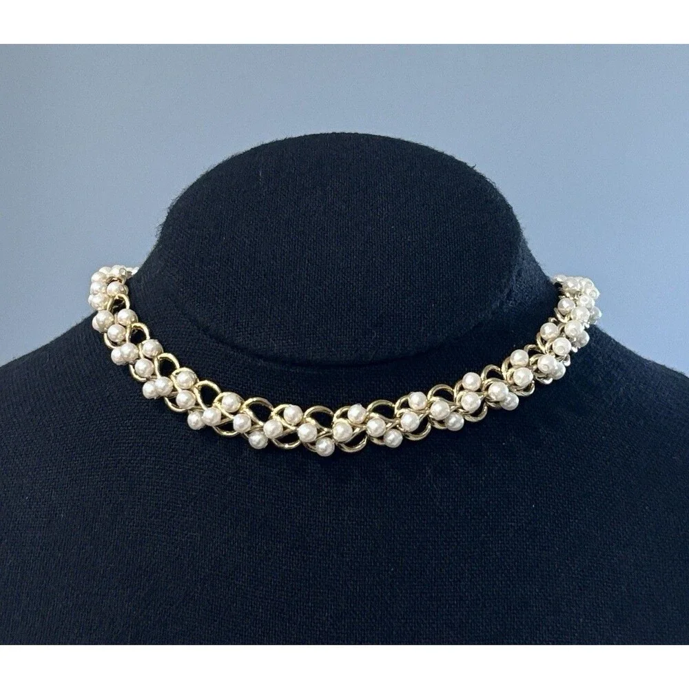 Vintage Richelieu Faux Pearl Gold Tone Woven Collar Choker Necklace